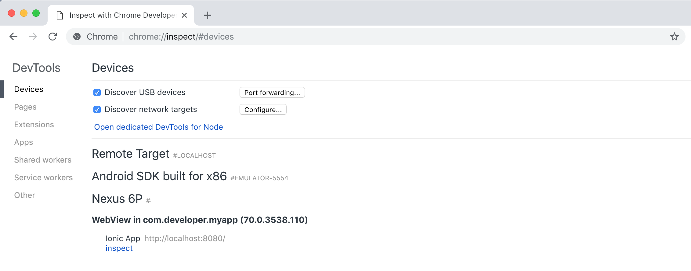 Chrome DevTools for Android Chrome DevTools showing a list of devices available for inspection.