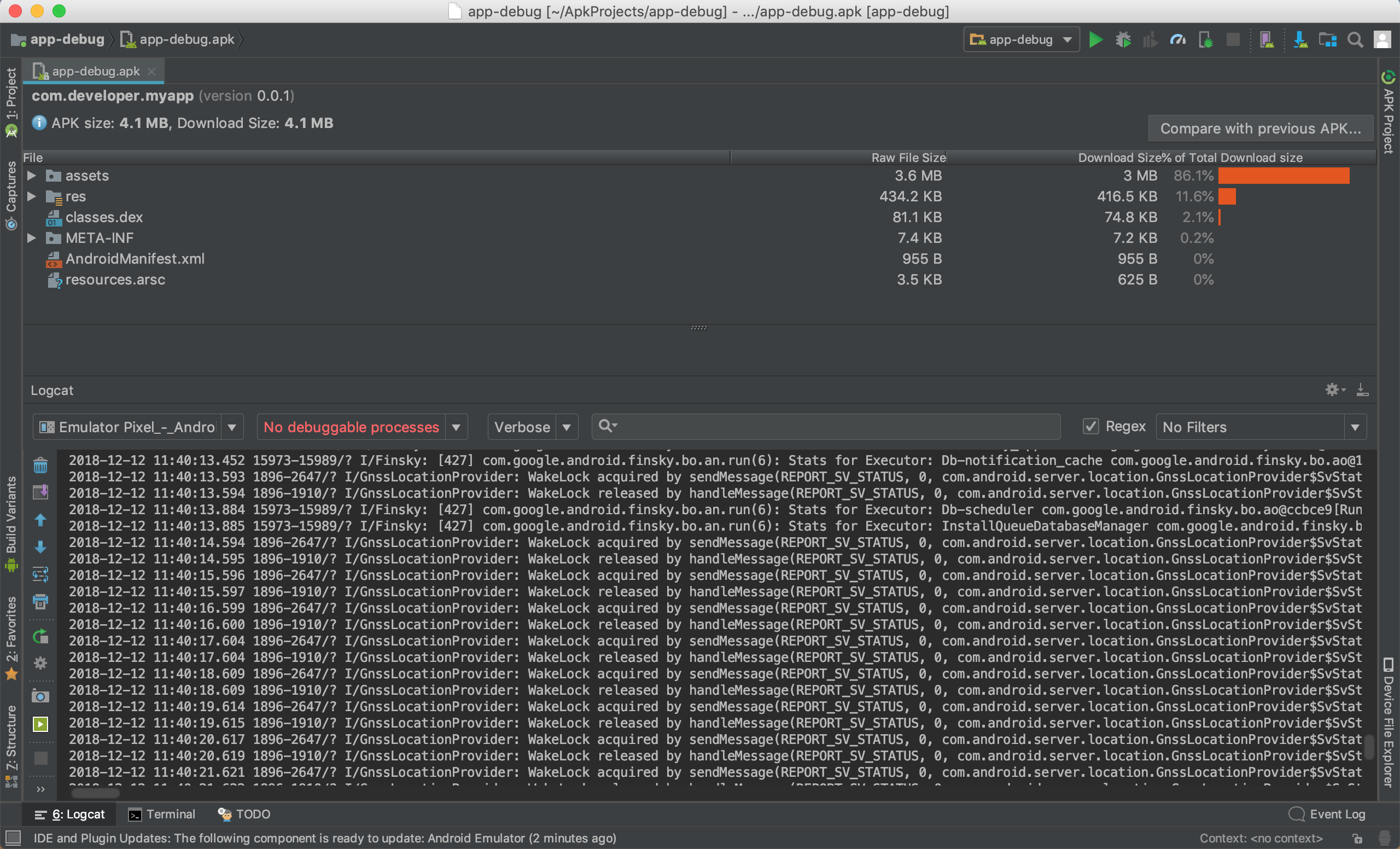 Android Studio Logcat The Logcat window in Android Studio displaying logs from an Android device.