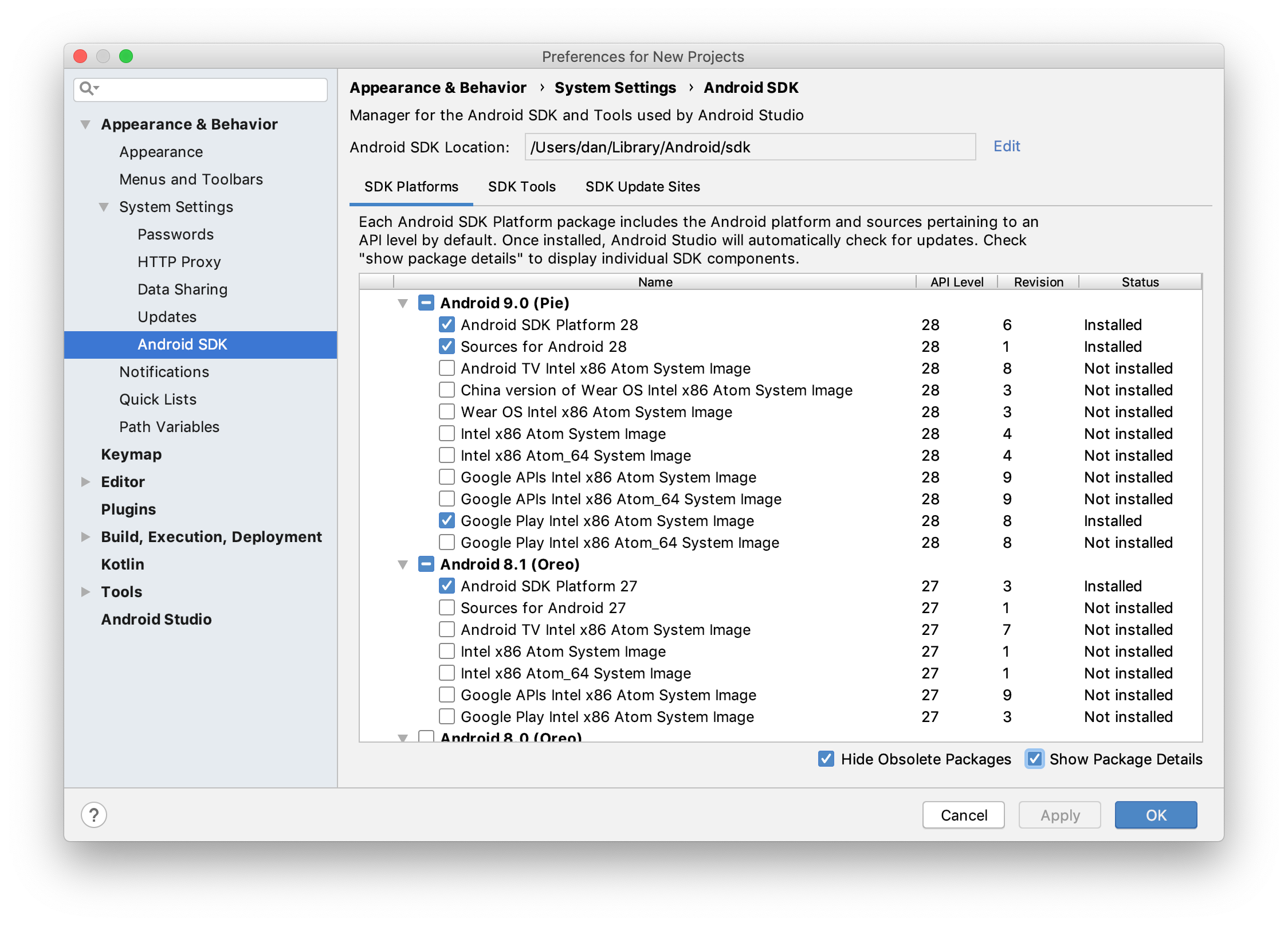 Android Studio SDK Manager The Android Studio SDK Manager showing installed and available SDK packages.