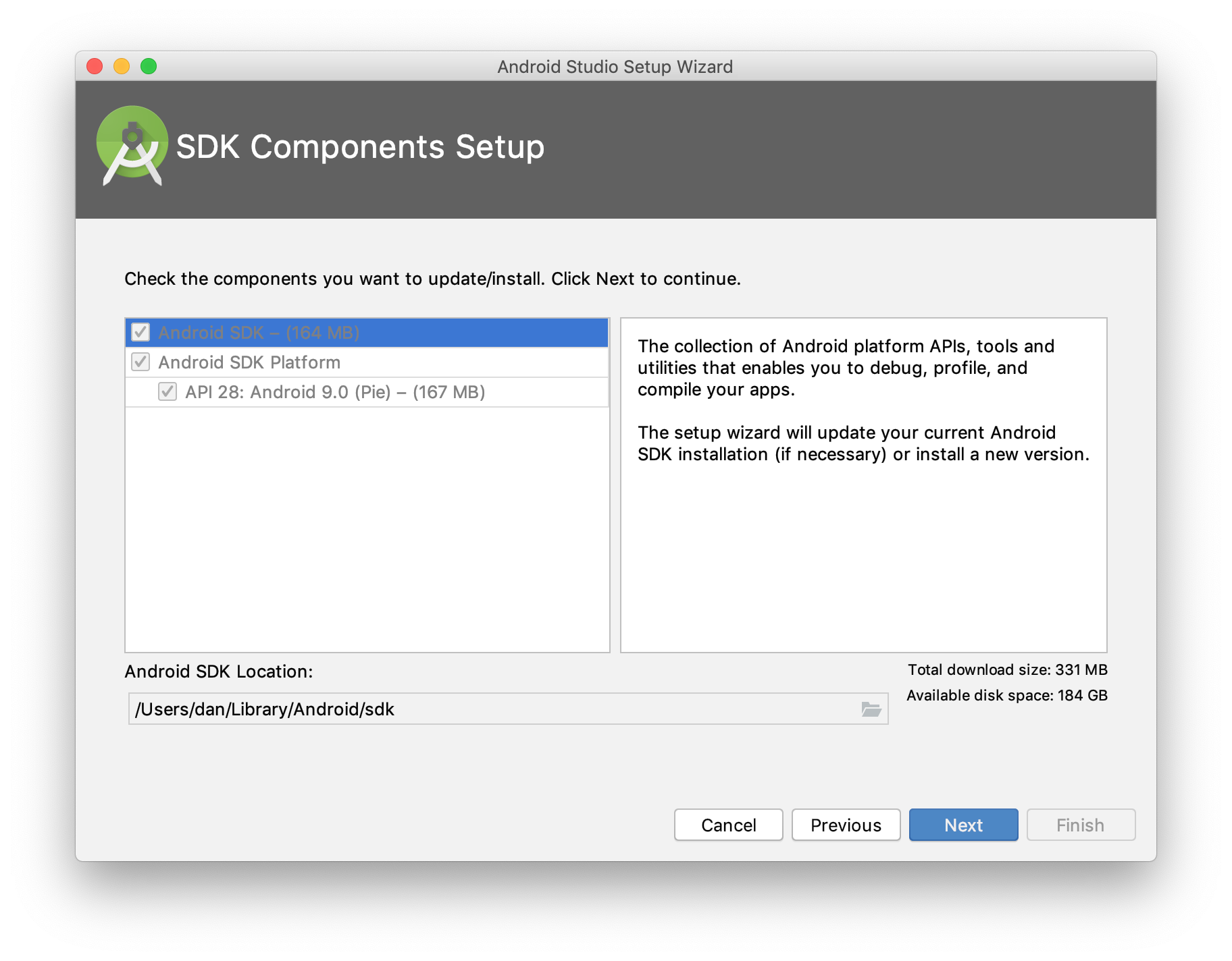 Android Studio SDK Components Setup Android Studio SDK Components Setup screen showing the Android SDK and API 28: Android 9.0 (Pie) selected for installation.